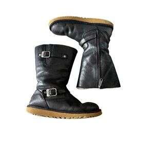 UGG Kensington Winter Boots Sherpa Lined Brown Leather Zip Side, Buckle Moto 7.5